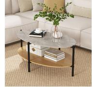 Table Basse Ovale à 2 Niveaux COSTWAY, Plateau en Pierre, Structure en Métal, Rangement, Table Basse Salon pour Salle de Réception