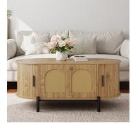 Table basse ovale en rotin, Table basse de salon avec 3 porte coulissantes, Finition grain de bois, Pieds métal, Espace de rangement