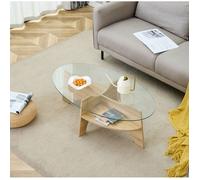Table basse ovale en verre sécurit avec étagère intégrée structure à compartiments MDF aspect bois clair