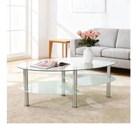 Table basse ovale en verre VIVOLILV,Table Salon Avec 2 étagères pour Salle,Moderne 90 x 50 x 42 cm, Transparente,Blanc