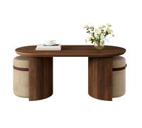 Table basse ovale noyer avec 2 tabourets rembourrés, set salon moderne | Assises confortables en tissu et cadre en pin massif, supportant jusqu'à 100 kg, pour un salon convivial et ordonné.