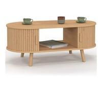 IDMarket Table basse Romie ovale 100 cm 2 portes coulissantes lattes tasseau bois chêne