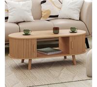 IDMarket - Table Basse Ovale Romie 100 cm 2 Portes coulissantes Lattes tasseau Bois Coloris chêne
