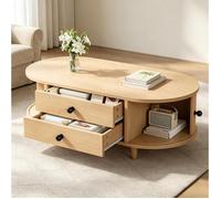 Table basse ovale salon avec 2 tiroirs et porte tambour, aspect bois clair, MDF, 100 x 50 x 36 cm ORVRYN