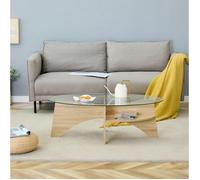 Table basse ovale transparente et décor bois 104,9 x 60 cm, verre trempé, étagère intégrée
