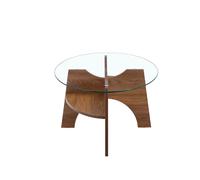 Table basse ovale transparente noyer en MDF et verre avec tablette