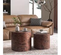 Table basse Pas d'assemblage Tree Stump Drum Table latérale Accent Brun Pommele 2-Piece Nesting Round Table de café