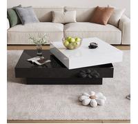 Table basse pivotante noire et blanche brillante 103 x 60 x 35,5 cm, conception à double étage, adaptée au salon d'un appartement