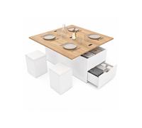 IDMarket - Table basse relevable convertible ELEA avec poufs blanc et bois | Rectangulaire, double plateau, relevable convertible en table à manger, 2 poufs, 1 tiroir, bois blanc et façon hêtre
