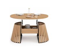 IDMarket - Table Basse relevable Ovale Carmen 110 cm Bois en Lattes | Plateau relevable, pieds bois en lattes ajourées et plateau bois
