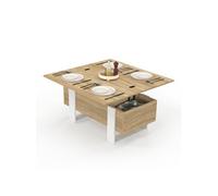 Table basse plateau relevable rectangulaire convertible en table à manger PHOENIX 97,5 cm bois et blanc