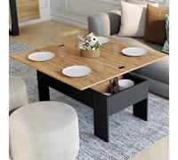 IDMarket Table basse TARA – Plateau relevable convertible en table à manger 100 cm Noir/Hêtre