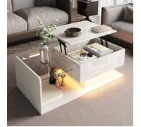 Table basse plateau relevable, Table basse de salon, Table basse moderne avec LED, Table rectangulaire, 100x50x47.5 cm, Blanc