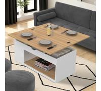 IDMarket - Table Basse Plateau relevable rectangulaire Convertible en Table à Manger ELEA 100 cm Bois Blanc et façon hêtre