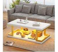 Table basse rectangle en blanc + Or,Avec éclairage LED,Table de salon en MDF + métal,capacité de charge jusqu'à 50 kg,100x50x37.5 cm