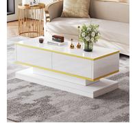 Table Basse Rectangulaire avec 2 Tiroirs et Rangement, Bordures Dorées et design Haute Brillance, Blanc Chaud, 100x50x38 cm