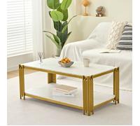 Table basse rectangulaire avec pieds en métal, plateau marbré, mobilier de salon moderne, blanc et doré - H46/L1140/P64 cm