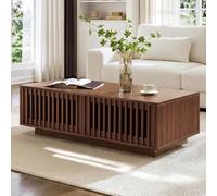Table basse rectangulaire avec rangement 2 portes ajourées noyer 100x50x35 | Charn. amort. ferm. silenc., pat. feutre prot. sol, 50kg stable, qual. durable.