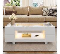 Table basse rectangulaire blanc avec étagères de rangement et LED, table de thé, table de canapé, table basse de salon 100x50x35 cm