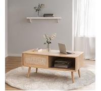 Table basse rectangulaire en bois massif et cannage naturel, 105 x 55 x 40 cm, teinte naturelle chaleureuse