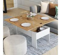 IDMarket - Table Basse Plateau relevable Convertible Tara Blanc et Bois | Rectangulaire, convertible en table à manger, 100 x 50/100 x 45/58,5 cm, bois blanc et plateau façon hêtre