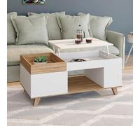 Table basse rectangulaire plateau relevable et plateau amovible avec coffre lola bois et blanc