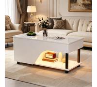 Table basse réglable en hauteur 50 x 100 x 46 cm, blanc brillant, ensemble de salon, table de salon, coin salon, table basse avec rangement dissimulé, éclairage LED et pieds en métal