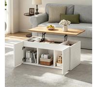 Table basse réglable en hauteur 95 x 46 x 45 cm, bois naturel et blanc, ensemble de salon, table de salon, coin salon, table basse, table d'appoint à plateau relevable avec 2 portes