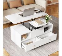 Table Basse Réglable en Hauteur avec Fonction Pliante et 4 Tiroirs, Table d'appoint Mobile avec Roulettes