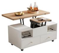 Table basse réglable en hauteur - Pliable - 4 tiroirs - Système de levage hydraulique - 100 x 50 x 47,5 cm - Montée sur roulettes - Structure en bois
