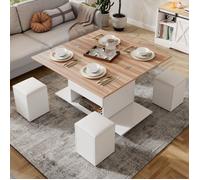Table basse réglable en hauteur, table basse Multifonction 3 en 1,convertible en table à manger,roulettes + 4 tabourets,blanc+bois
