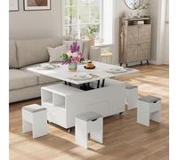Table basse réglable en hauteur, table multifonctionnelle 4-en-1, transformable en table de salle à manger, table basse avec espace de rangement dissimulé, comprenant 4 tabourets, 106L x 106W x 68H cm