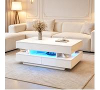 Table basse relevable 100x50x45 cm avec LED, rangement caché et 2 tiroirs, finition brillant, relevable jusqu’à 58,5 cm,blanc