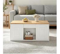 Table basse relevable 95 x 46 x 45 cm hauteur jusqu'à 59 cm 2 portes rainurées rangement fermé effet bois naturel blanc, salon chic