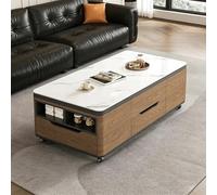 Table basse relevable à rangement caché, table en bois à roulettes | Fonction relevable, rangement caché, roulettes, cadre bois massif, angles arrondis pour salon & villa(D,100cm/39.4in)