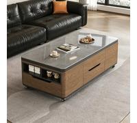 Table basse relevable à rangement caché, table en bois à roulettes | Fonction relevable, rangement caché, roulettes, cadre bois massif, angles arrondis pour salon & villa(C,120cm/47.2in)