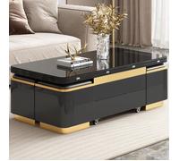 Table basse relevable avec 4 tabourets intégrés, table extensible 120×60 cm, table noire et or pour petit espace