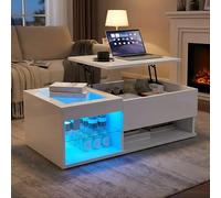 Table basse relevable avec LED RGB, table de salon blanche brillante 100 x 55 x 35 cm, table basse avec plateau lift-top, rangement caché, vitrine éclairée et étagère ouverte pour salon moderne