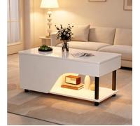 Table basse relevable avec rangement caché, étagères réglables et LED - YEAVIO - Laquée blanche 100×50×46 cm