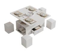 Table basse relevable blanche 4 tabourets extensible 100x100 avec rangement | Plateau transformable en table à manger : 4 tabourets cachés avec rangement, roulettes freinées, charge 50 kg.