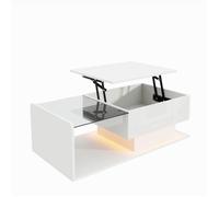 Table basse relevable blanche laquée - plateau verre trempé, éclairage LED pilotable