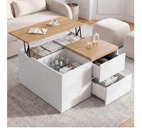 IDMarket - Table Basse relevable Calia avec coffres + tiroirs Blanc et Bois | Table basse carrée avec plateau relevable, 2 coffres, 2 tiroirs, table pour salon multi rangements