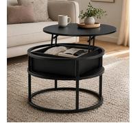 Table basse relevable - Diamètre 60 cm - Hauteur réglable - Avec espace de rangement - Plateau lift-top - Table salon moderne - Noir