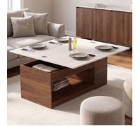 IDMarket - TABLE BASSE PLATEAU RELEVABLE ELEA | RECTANGULAIRE, CONVERTIBLE EN TABLE A MANGER, 100 CM, EFFET NOYER ET PLATEAU TRAVERTIN