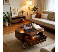 Table basse relevable en merisier massif avec rangement caché et roulettes | Table centrale multifonction moderne pour salon(Walnut finish)