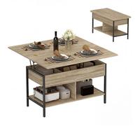 Table basse relevable - HOMCOM - plateau pliant, compartiment et étagères - panneau de particule - 98x49x55cm - bois naturel