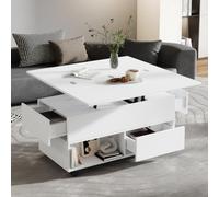 Table Basse Relevable Hydraulique avec 4 Tiroirs | Rangement Modulaire, Capacité 50kg,Push-to-Open & Roulettes Freinées