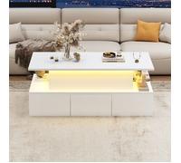 Table basse relevable MDF blanc laqué brillant 100x50x40cm 4 tiroirs LED rangement dissimulé table salon console d'appoint moderne