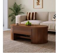 Table basse relevable multifonction avec plateau réglable rangement caché tablette coulissante côtés à lattes effet bois