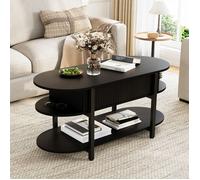 Table basse relevable noir 2-en-1, convertible en bureau d’appoint, avec rangement caché et vérin à gaz, surface imperméable